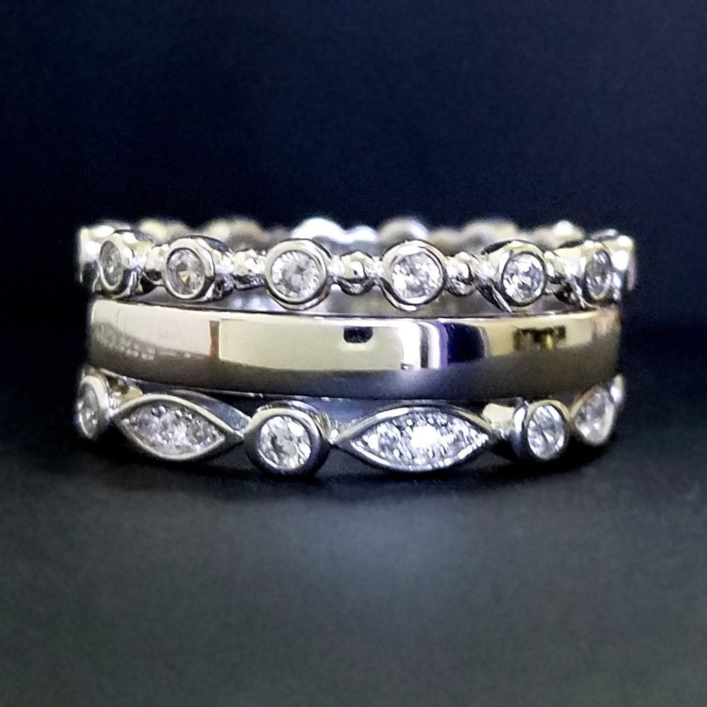 3 PC 925 Sterling Silver Stacking CZ Band Ring Set